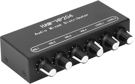 2 in 4 Out Stereo Mixer Verteiler, 1/8 Zoll Stereo Audio Schalter, HiFi Audio Mixer, Unabhängige Steuerung, für PC/Mikrofon/Gitarre/elektronische Tastatur/Lautsprecher.