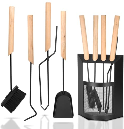Ikodm Fireplace Companion Set 4-Piece Fireplace Accessories with Broom, Shovel, Iron Hooks, Fire Tongs, Stand, Modern Design Fireplace Tool, Oven Cutlery Fireplace Set with Wooden Handle, Shroud