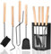Ikodm Kaminbesteck Set 4-teiliges, Kaminzubehör mit Besen, Schaufel, Eisenhaken, Feuerzange, Ständer, Modern Design Kaminwerkzeug, Ofenbesteck Kamingarnitur mit Holzgriff, Leichentuch