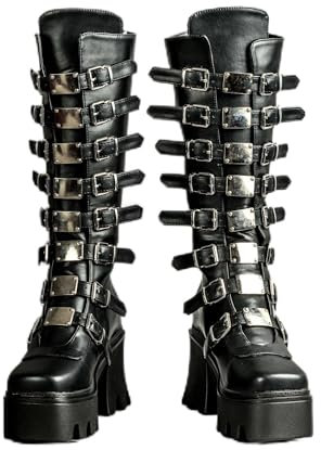 DEMONIA - Stivali gotici neri Drako - Stivali punk in similpelle con plateau di 4 cm e tacco di 8 cm