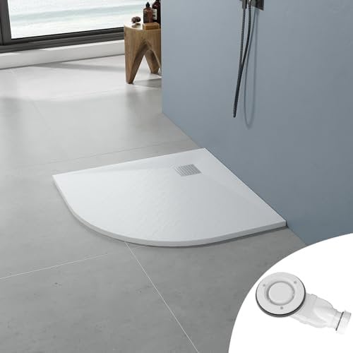 AQUABATOS SMC Duschwanne 90x90 cm 32 mm Weiß Rund Halbrund Viertelkreis Duschtasse Rutschfest für Runddusche Duschkabine Dusche Steinoptik Schieferoptik Superflach mit Siphon/Ablaufgarnitur