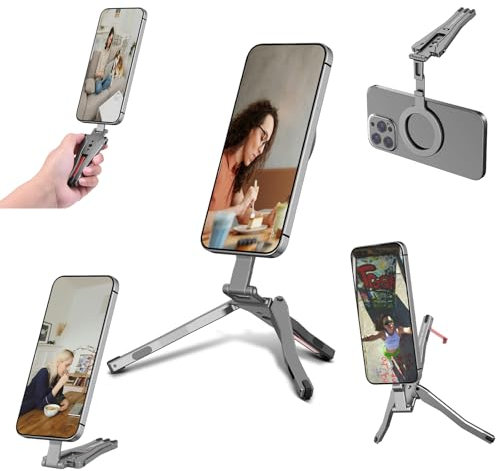 Magnetic Pocket Phone Tripod,Magnet Phone Holder for iPhone 16/15/14/13/12 Pro Max Series,Foldable Mini Cell Phone Tripod Mount Handle for Magsafe Smartphone Desk Base Travel Stand with Hook
