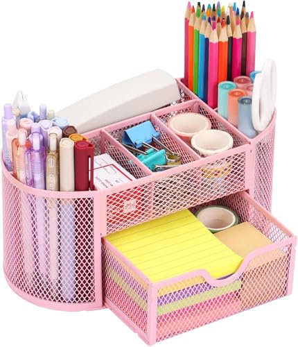 DHGKVK Schreibtisch Organizer,stiftehalter schreibtisch,Mesh Metall Desktop Büro Organizer mit 8 Stifthaltern und 1 Schublade,Es Platz zu Hause, in der Schule oder im Büro sparen. (Rosa)
