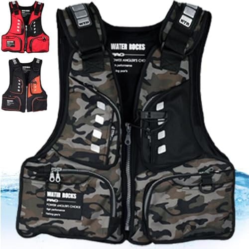 PRPRP Schwimmweste für Angeln, Erwachsene, Unisex, Camouflage, mit reflektierenden Streifen und mehreren Taschen