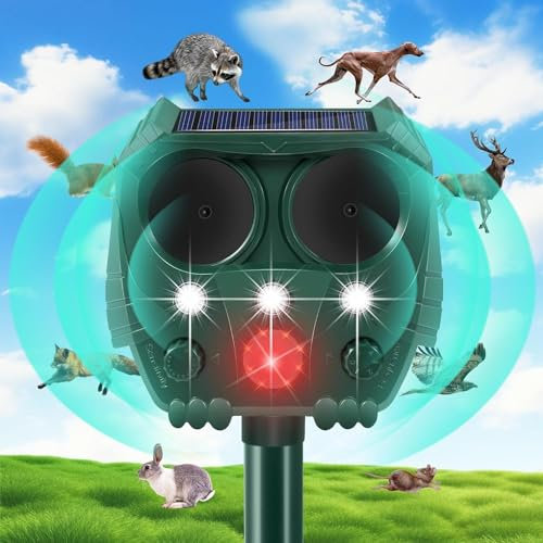 Cat Repellent, Ultrasonic Solar Animal Repeller with Motion Sensor and Flashing Lights, Waterproof Rechargeable Animal Deterrent Devices Outdoor for Deer Dog Rabbit Skunk Yard Garden Farm