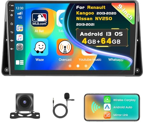 Inefala Upgrade 4G+64G 9 Inch Touchscreen Car Radio para Renault Kangoo/Nissan NV250 2013-2021, Radio con Wireless CarPlay y Android Auto GPS WiFi BT RDS FM USB SWC Mic Cámara de visión Trasera