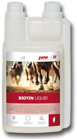 JuloVet Biotin Liquid | 1 l | Flüssiges Ergänzungsfuttermittel für Pferde | Kombination aus Biotin und Methionin zur Unterstützung von Horn- und Haarsynthese | Enthält Zink