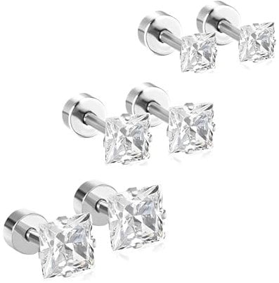 Unisex 3-5mm Square Princess Cut Cubic Zirconia Stud Earrings | 3 Pairs 18G Surgical Steel Cartilage Piercing Jewellery | Hypoallergenic Flat Back Screw Lock Design for Tragus & Helix (Silver)