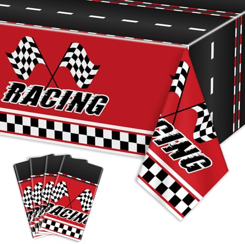 4 Stück Racing Car Tischdecken - Rechteckige Karierte Straße Tischdecken für Race Car Party Supplies Boys Baby Shower, 130 x 220 cm