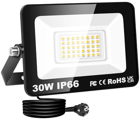RIGIDON Focos Led Exterior & Interior con Enchufe, 1x 30W 3000 LM Foco de Luz, Proyector LED para Jardín Patio Plaza Garaje Terraza Estadio Trabajo, IP66 Impermeable 3000K Blanco Cálido Iluminacion
