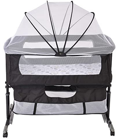 WODFARR Berceau Cododo,Matelas et Moustiquaire,Lit Bébé Cododo pour Les Bébés de 0 à 36 Mois,Soins du bébé, 93 * 57 * 71-88cm, Noir