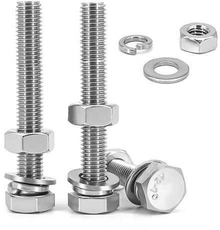 6PCS M10 x 100mm Bolts, Hex Head Screws with Nuts, Flat & Lock Washers 304 Stainless Steel Fully Thread Hexagon Bolts