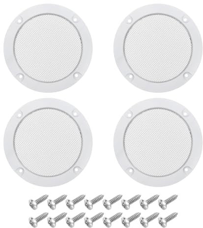 sourcing map 4 Pcs 3inch Black Speaker Grill Mesh Metal Woofer Guard Protector Dust Cover White Decorative Circle ABS Frame with Screws for Home Audio Car Speaker Replacement