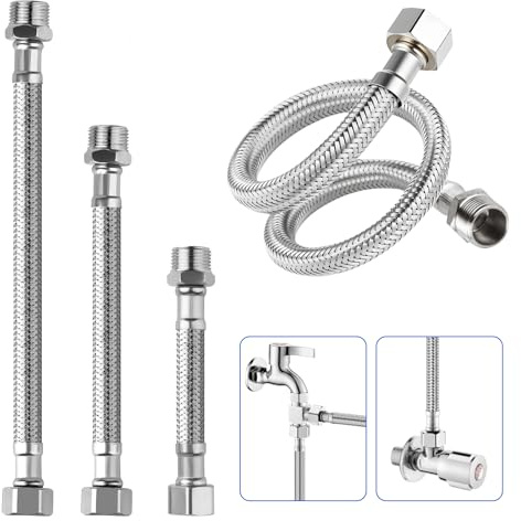 Fourindo 3-teiliges Set Edelstahl-Flexschlauch 3/8 Zoll (60cm: 30+20+10 cm), 304 Panzerschlauch mit Überwurf/Außengewinde für Wasserhahn, Eckventil, Spülkasten, Trinkwasser​​