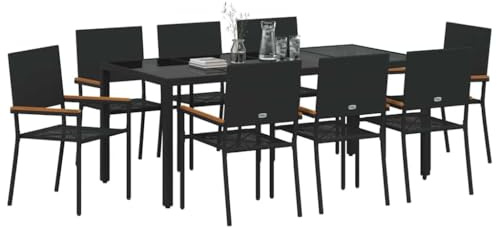 vidaXL Garden Dining Set 9 pcs Black 190 x 90 x 75 cm Poly Rattan, Garden and Terrace, Modern Outdoor Dining Set, Contemporary Patio Table and Chairs, Wicker Lounge Furniture, Alfresco Collection