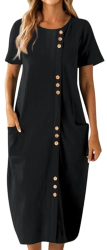 Sommerkleid Damen Lang mit Knopfleiste Ballonkleid Damen Sommer Elegant Kurzarm Kleider Sommer Boho Midi A Linie Kleid mit Taschen Sommerkleider Leicht und Luftig Strandkleid Midikleid Rundhals