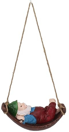 Dwarf Swing Sculpture Ornaments Handmade Resin and Twine Lovely Garden Gnome Statue for Patio Lawn Porch Outdoor Decor 7.5 Inch (Red)