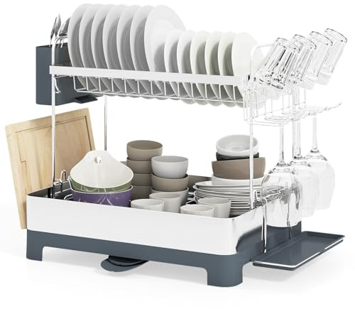 GOPLUS Escurreplatos de Acero Inoxidable, Escurridor de Platos de 2 Niveles con Bandejas de Goteo, Caja para Cubiertos, Portavasos, Soporte para Tabla de Cortar, Estante Escurre Platos para Fregadero