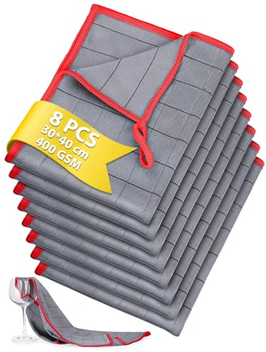 Euqvunn Carbon Mikrofasertücher Set (8 Stück) | 400GSM Profi Reinigungstücher | Streifenfrei & Fusselfrei, Rautenstruktur gegen Fett | Für Glas, Auto, Küche | Rot 30x40cm