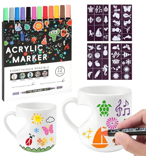 Yaunming Keramik Bemalen Set Tassen Bemalen Set Diy Set Erwachsene, EnthäLt 2 HerzföRmige Keramikbecher, 12-farbige wasserfeste Markerstifte, 4 Aufklebervorlagen, Basteln Erwachsene