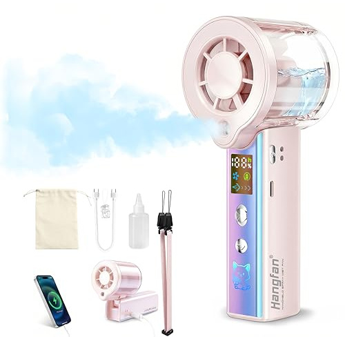 4-in-1 portable spray handheld fan,Extra-large battery USB rechargeable spray fan,Adjustable 1-100 Speed,mini fan,foldable personal fan,LED display,for Travel/makeup/Outdoor/Camping/concert(Pink)