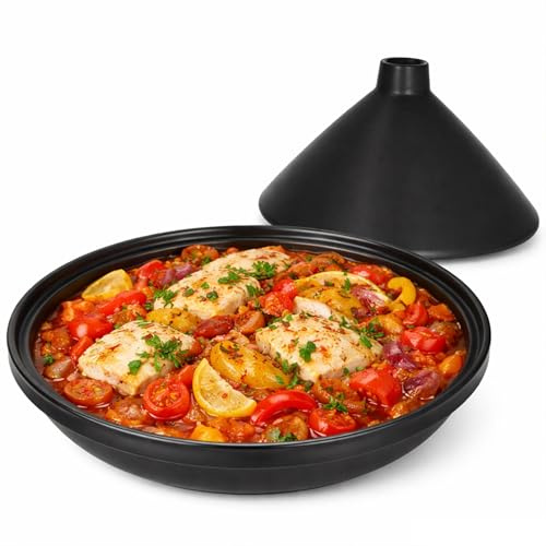 MamboCat Tajine aus Steingut matt schwarz I orientalische Schmorform mit Deckel I moderne Servier- & Ofenform für Schmorgerichte I Schale mit Deckel