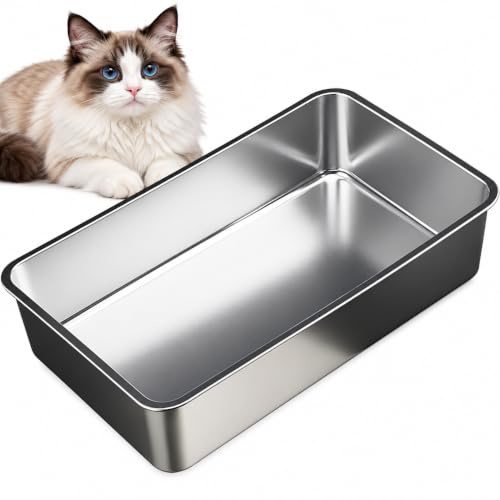 Stainless Steel Cat Litter Tray Metal Pan, Extra Deep High Sides, Heavy Duty Non-Porous Rust Proof Odor Control & Urine Proof Alternative to Plastic (1, LARGE- 60(L) x40(W) x20(H) cm)