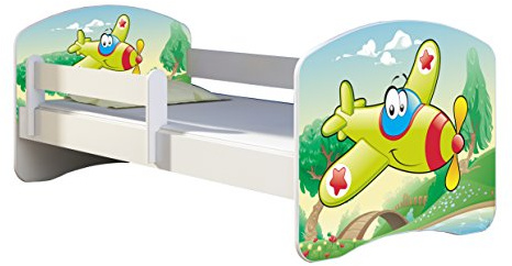 Kinderbett Jugendbett mit einer Schublade und Matratze Weiß ACMA II 140 160 180 40 Design (140x70 cm, 29 Flugzeug)
