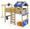 Wickey Kinderbett Hochbett Crazy Jelly - Hausbett mit Blauer Plane 90 x 200 cm, Etagenbett aus Massivholz mit Spielzeugzubehör für Kinder - individuell Gestaltbar