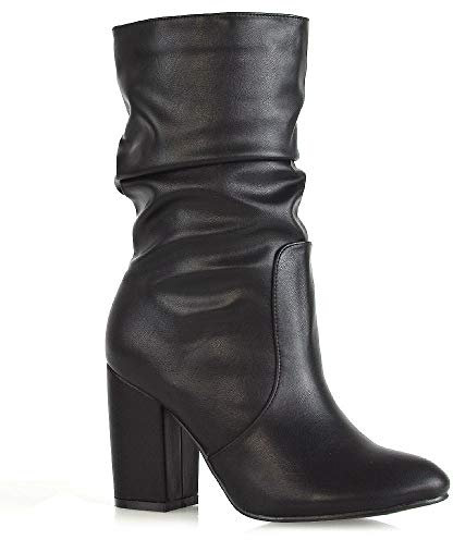 Womens Mid Calf High Heel Boots Ladies Pull On Winter Faux Suede Rouched Shoes Size 3-8 Black Synthetic Leather