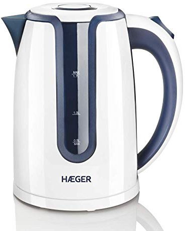 HAEGER HOT BLUE - Hervidor electrico con 2200W de potencia, capacidad de 1,7L - base giratoria de 360º, resistencia oculta en INOX, protección contra ebullición en seco, apagado automático