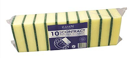 Ramon Hygiene Contract 10 Sponge Scourers, 13 x 8 cm, Large, Made In UK, Absorbent Cleaning Tools, Abrasive, Commercial Kitchen Cleaning