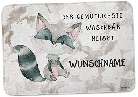 Sunnywall Bettvorleger mit individuellem Text - Badematte Badteppich Badvorleger Kinderzimmer 59 x 40 (51-Waschbär Racoon)