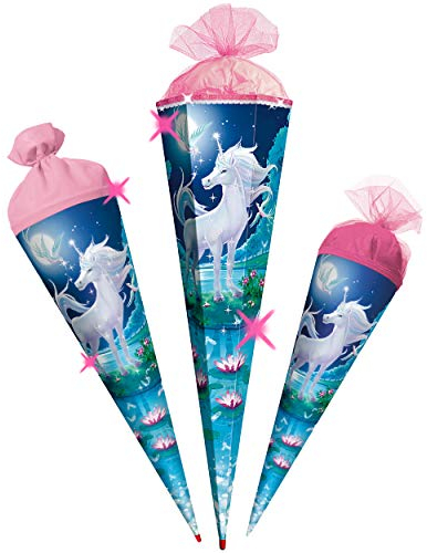 mit 3D Glitzer - Effekt ! Schultüte - Einhorn - Mondscheineinhorn - 22-85 cm - mit Holzspitze - 6 eckig - Organza Abschluß - Zuckertüte - Roth - Spitze ..