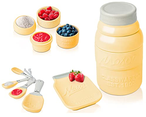Vintage Kitchenware Set by Comfify - Multi-Piece Kitchen Ceramic Décor Set w/ 4 Measuring Cups, 4 Measuring Spoons and Spoon Rest - Attractive Vintage Style, in Yellow Embossed Ceramic