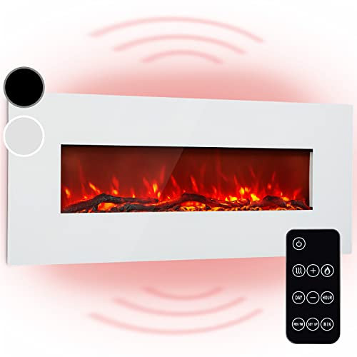 Klarstein Lausanne Long - Chimenea eléctrica, 1600 W, 2 Niveles, Efecto llameante, Ventana de Vidrio endurecido, Chimenea Decorativa, Mando a Distancia, Chimenea electrica Pared, Blanco Floral