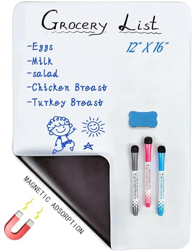 Whiteboard Magnetic Dry Wipe Board Self Adhesive for Any Smooth Surface with New Stain Resistant Technology,Home Kitchen Fridge Shopping List and Office Notice Board (16” X 12”)