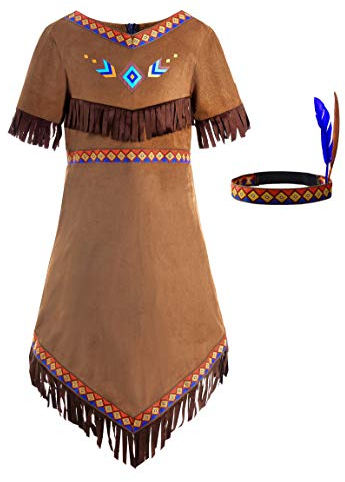 ReliBeauty Costume Indigena Bambina Vestito Carnevale Ragazza con Accessori, 5-6 anni(110 cm)