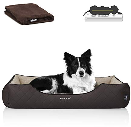 BedDog Premium Orthopädisches Hundebett WUFFI, Hundesofa aus Kunstleder, Abnehmbarer Bezug, Kuschel-Decke Zugabe - Melange (beige/braun)