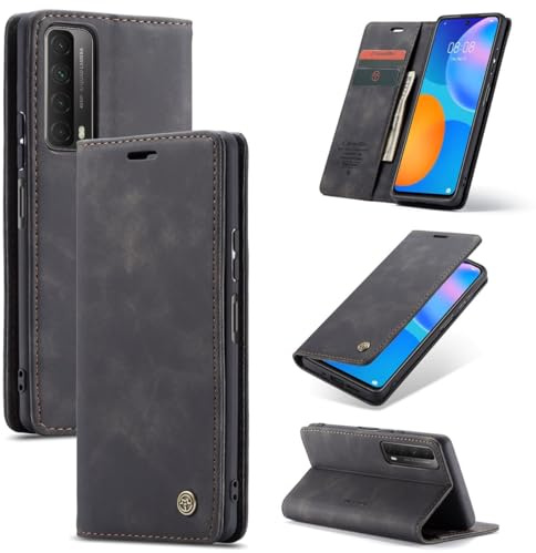 König Design Handyhülle für Huawei P smart 2021 Hülle Premium Kunst-Leder Klappbar Flip Case Magnet Kartenfach Standfunktion Tasche Schutzhülle für Huawei P smart 2021 (Schwarz)