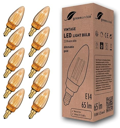 greenandco 10x dimmbare Vintage Design LED Birne zur Stimmungsbeleuchtung | E14 C35 | gold | 2,3W 65lm | 1800K extra warmweiß | 320° | 230V | flimmerfrei | Edison Glühbirne