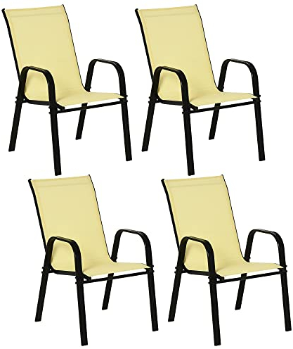 Outsunny 4 Pieces Garden Chairs, Stackable Outdoor Chairs with High Backrest and Armrest, Breathable Mesh Fabric Dining Chair Set of 4, Beige