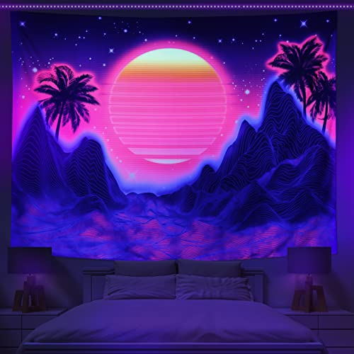 Amtoodopin Schwarzlicht-Sonne, Wandteppich, Trippy, UV-Reaktiv, Galaxie, Wandteppich, psychedelischer Berge, Wandteppich, Neonpalme, Wellenteppich, Wandbehang, für Schlafzimmer, Wohnzimmer
