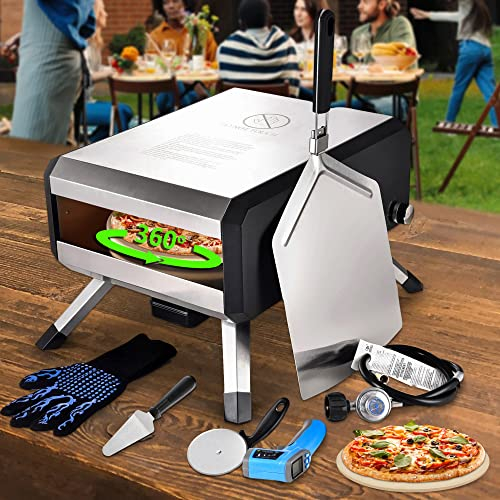 AOSION Horno de pizza al aire libre, hornos de pizza giratorios multicombustible de 14 pulgadas, horno de pizza portátil de gas de pellets de acero inoxidable para acampar al aire libre.