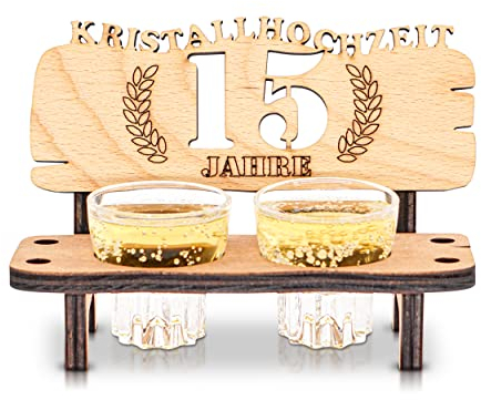 DARO Design - Schnapsbank 15. Hochzeitstag Kristallhochzeit Geschenk Deko für Paare Männer Frauen aus Holz mit Gläsern