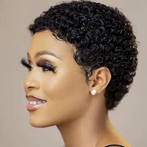 PORSMEER Echthaar Afro Perücke Schwarz Brazilian Brasilianisches Lockige Natürliche Haar für Frauen,Curly mit Pony kurze Perücken für Schwarze Damen