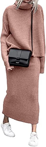 ZIBLER Set di gonne lavorate a maglia invernali da donna in 2 pezzi - Maglione dolcevita a costine spesse con gonna lunga a tubino (Rosa,L)