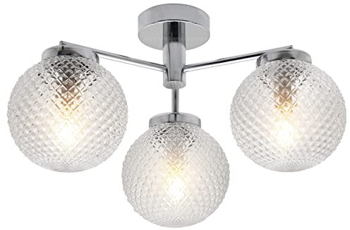 Long Life Lamp Company Modern Chrome 3 Way Ceiling Light Glass Globe Shades, Semi Flush Mount Ceiling Light H3061, 3 x E14 Candle 5w Included