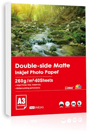 Inkuway A3 60 hojas 260gsm de Espesor Doble Cara Papel Fotográfico Mate, Tarjeta de Papel para Impresión de Inyección de Tinta