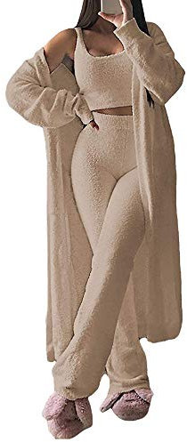 Set completo da donna in 3 pezzi, cardigan aperto sul davanti e lounge, sexy, in pile sfocato, pigiama morbido sherpa girocollo crop top pantaloni a vita alta, cachi, S